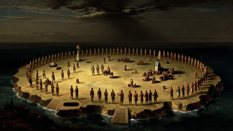 1325: Fundación de Tenochtitlán y la Conquista de México 5 Guerreros aztecas en isla, luz contrastada