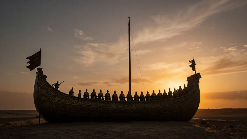 Guerrero bronceado frente a barco al atardecer