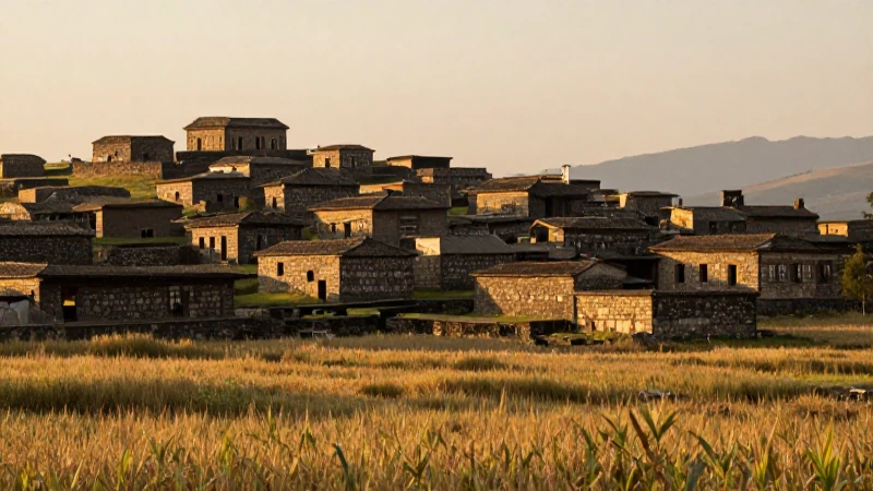 Línea del tiempo de México: 2500 AC a 1521 DC en detalle 3 Pueblo antiguo, campos de maíz al atardecer dorado