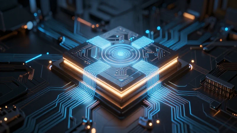 Núcleo computacional futurista con circuitos brillantes