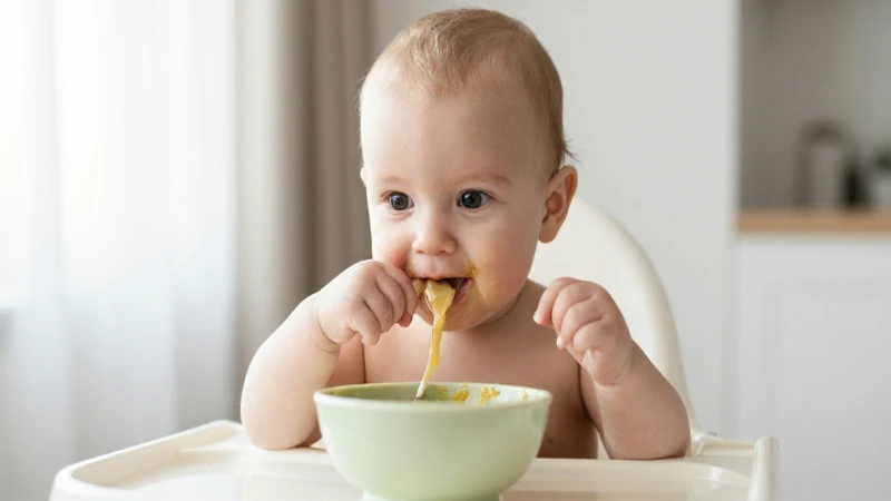Bebé feliz comiendo puré con luz cálida