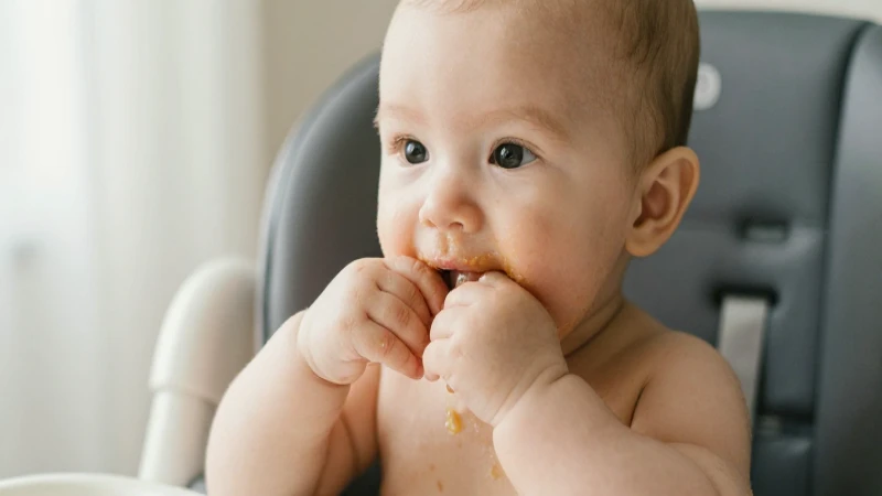 Bebé comiendo puré, luz cálida y suave