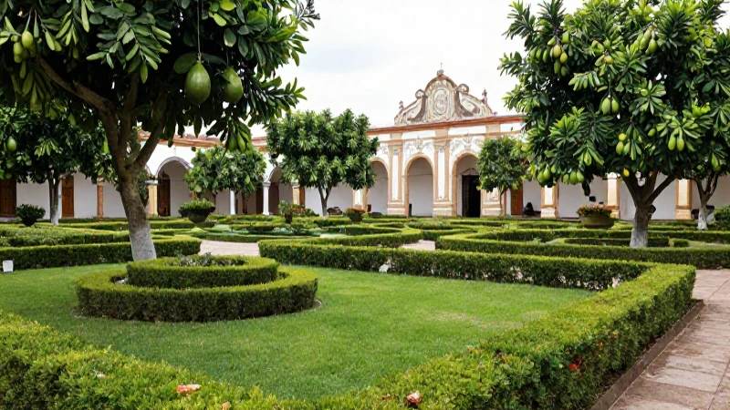 Cuál es la historia de la Agronomía a través del tiempo 3 Jardín colonial con frutas y arte barroco