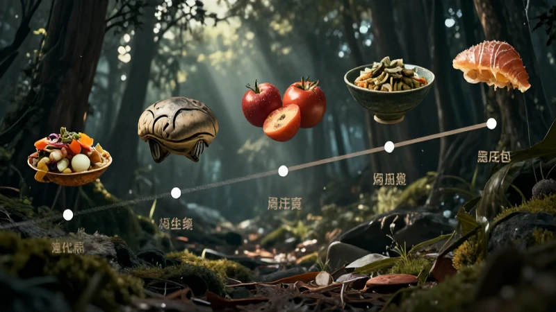 Comida prehistórica documentada con iluminación dramática