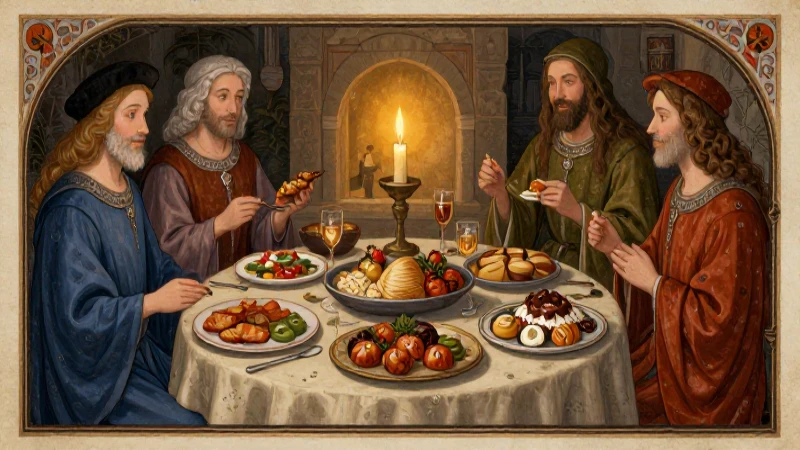 Banquete medieval iluminado a la luz cálida