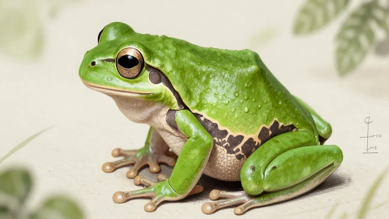 Rana verde brillante, ilustración anatómica detallada