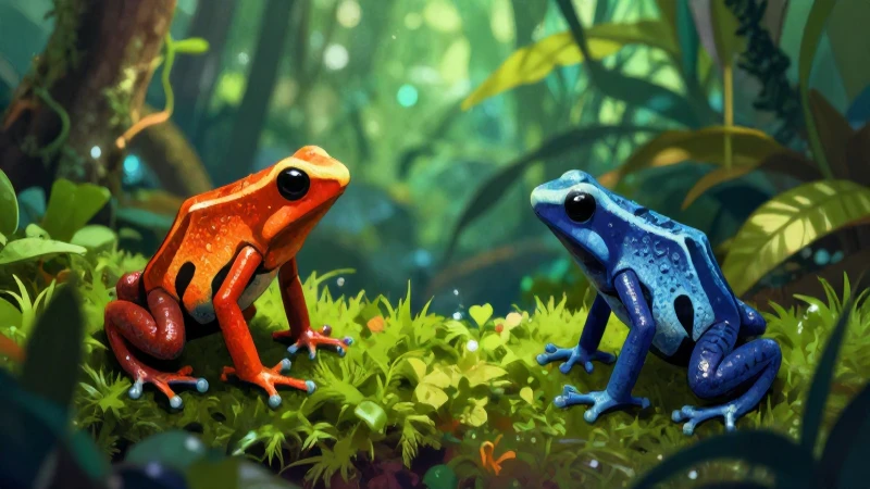 Ranas venenosas vibrantes bajo exuberante follaje