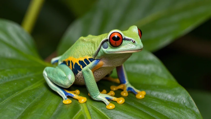 Rana colorida emerge entre follaje vibrante