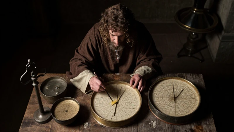 Erudito medieval estudió pesos antiguos bajo luz dramática
