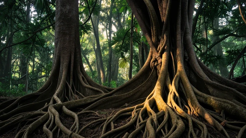 Bosque antiguo, raíces iluminadas, realismo cinematográfico