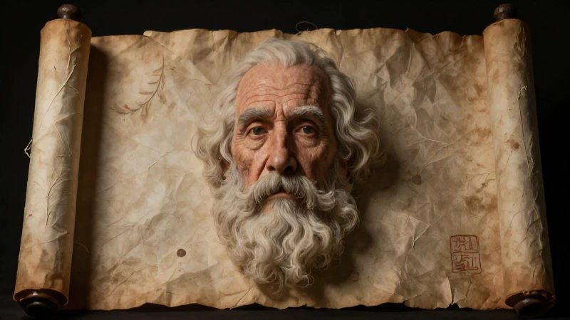 Rostro anciano, pergamino antiguo, iluminación dramática