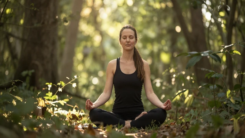 Mujer medita bajo luz suave en bosque
