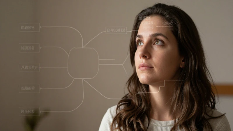 Mujer reflexiva mira hacia arriba con diagrama