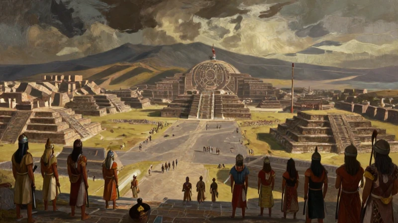 Guerreros aztecas en una cinematográfica Tenochtitlán lumínica