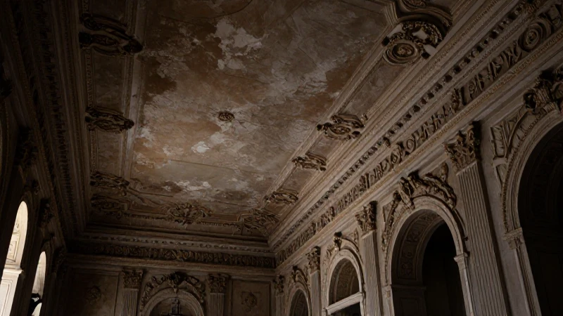 Salón dramático con luz contrastada y ruinas