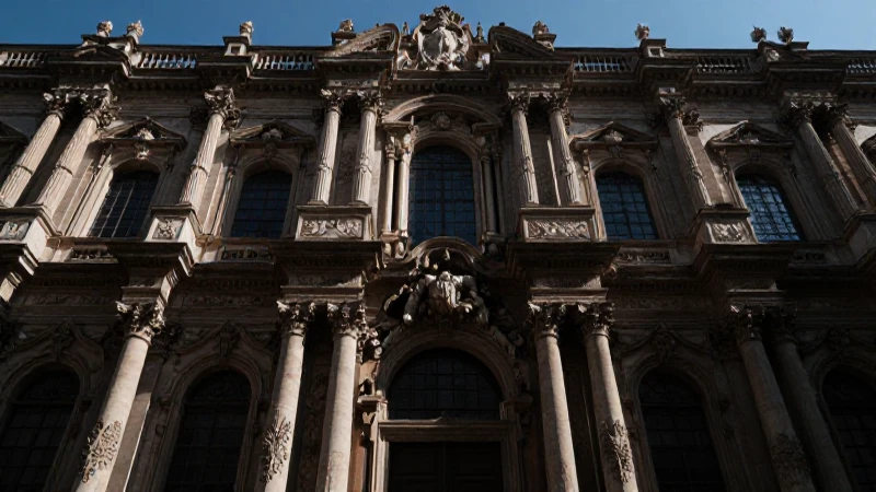 Fachada barroca con columnas y claroscuros dramáticos