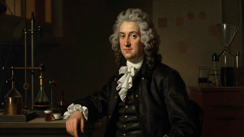 La línea del tiempo de Antoine Laurent Lavoisier: Biografía 8 Retrato antiguo con laboratorio y claroscuro