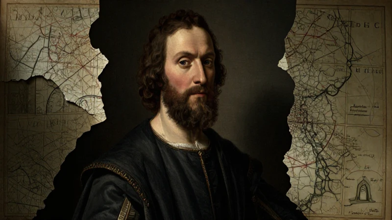 Retrato de Colón con mapa y luz dramática