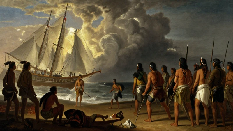 Colón llegó, nativos observan, pintura histórica