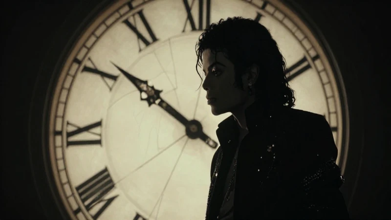 Silueta de Michael Jackson ante reloj roto
