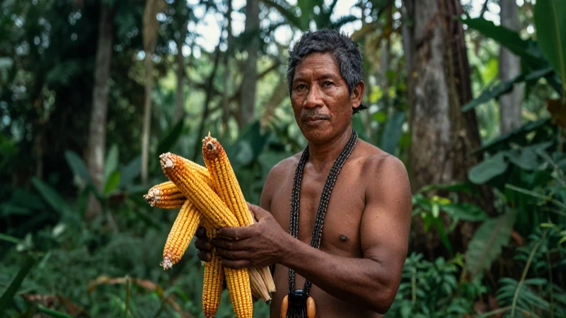 Indígena cosecha maíz en bosque tropical