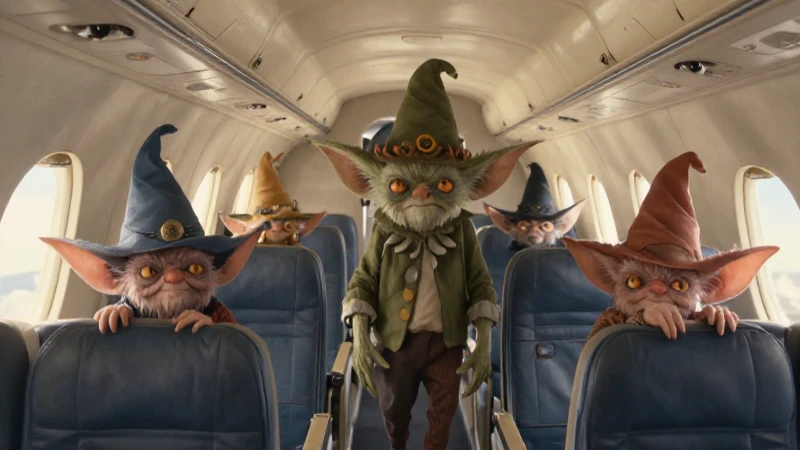 Duendes traviesos en avión, ilustración suave