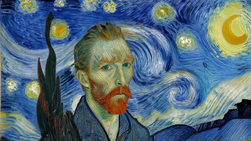 Retrato expresivo con noche estrellada vibrante