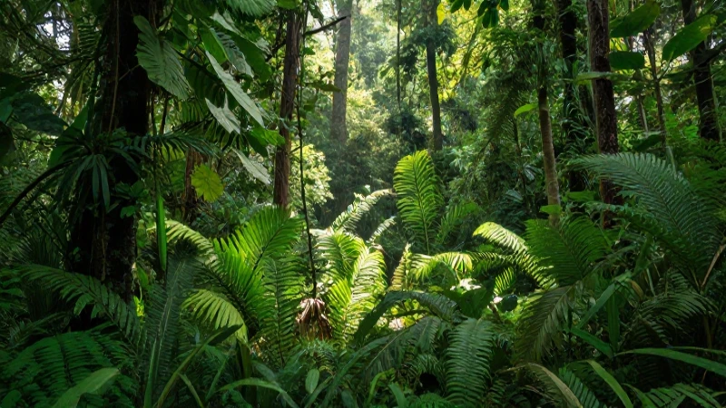 Selva exuberante con suave luz filtrada