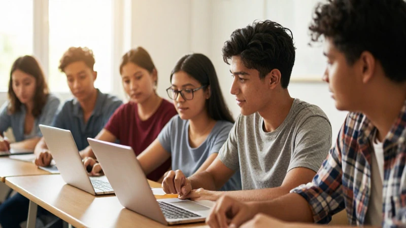 Alumnos colaboran en aula con luz cálida