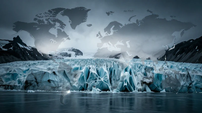 Glaciar derritiéndose sobre mapa estilizado