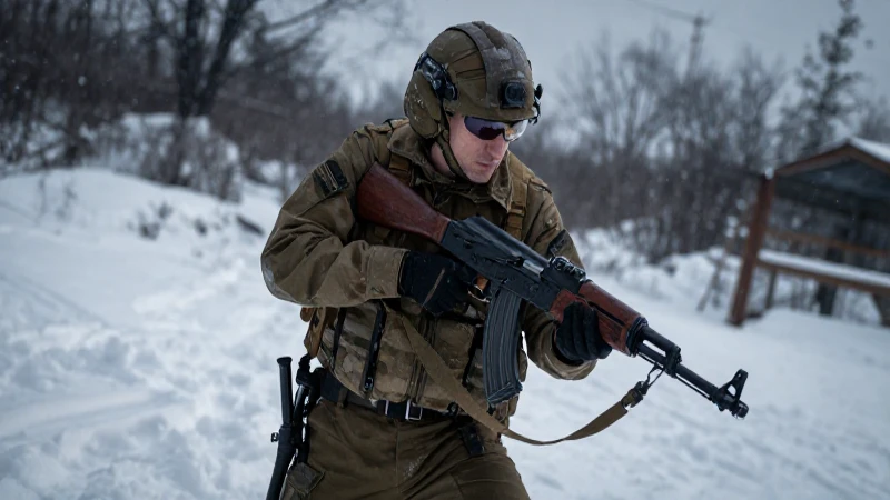 Soldado nevado con AK-47, luz cinematográfica