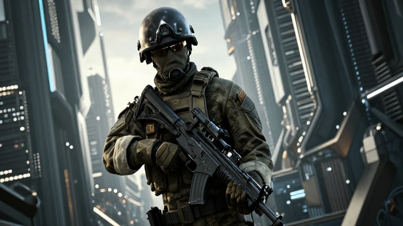 Soldado en ciudad futurista, iluminación dramática