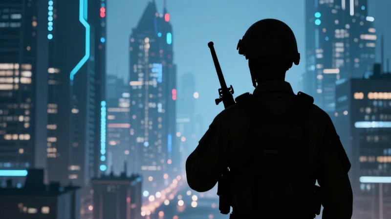 Soldado futurista iluminado contra paisaje urbano