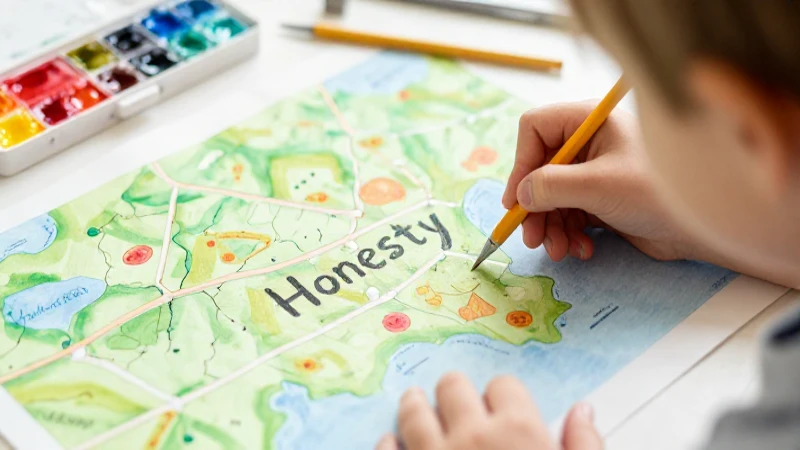 Niño pinta mapa honesto, colores cálidos