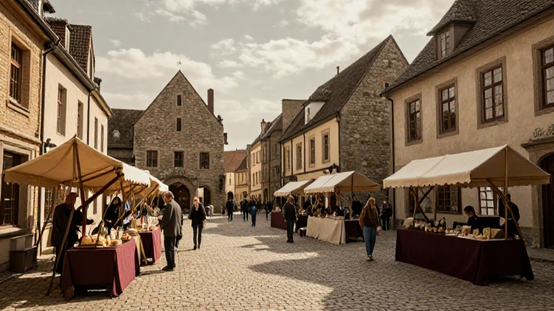 Plaza medieval iluminada con puestos mercantiles