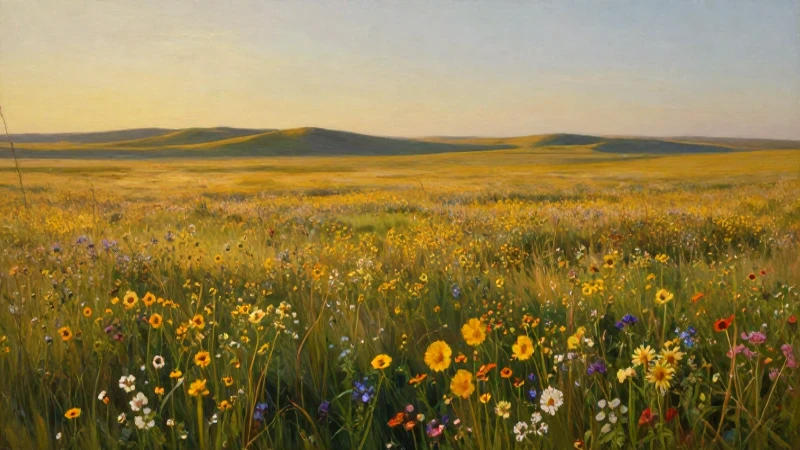 Qué características y biodiversidad tiene la pradera 6 Pradera florida dorada, pintura realista