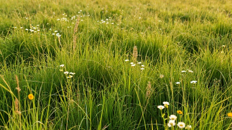 Qué características y biodiversidad tiene la pradera 7 Prado florido bajo luz dorada suave
