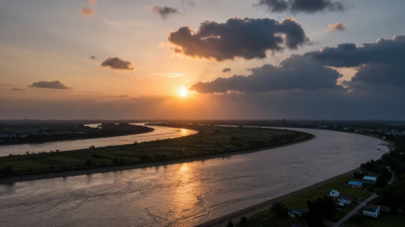 Un río desemboca al océano al atardecer