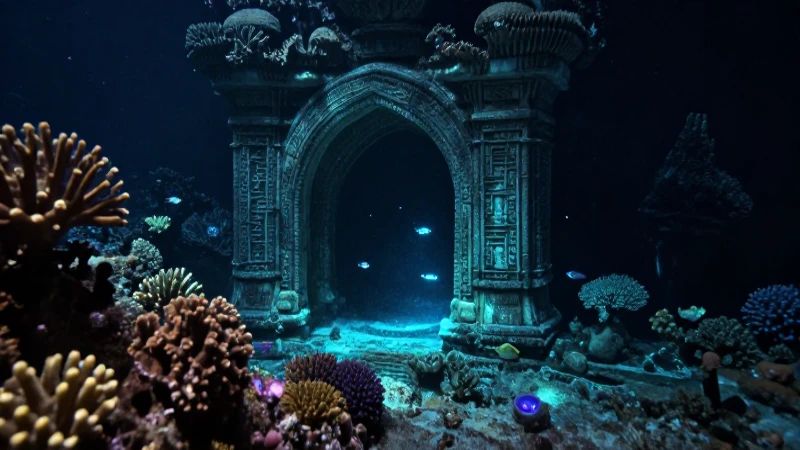 Arrecife antiguo, peces luminiscentes nadando sumergidos