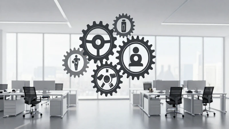 Oficina moderna, roles interconectados, diseño minimalista