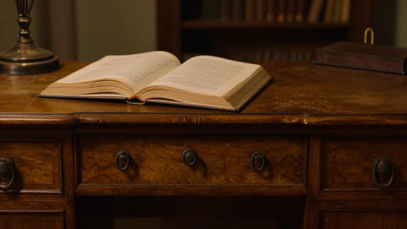 Libro abierto sobre escritorio antiguo, iluminación cálida