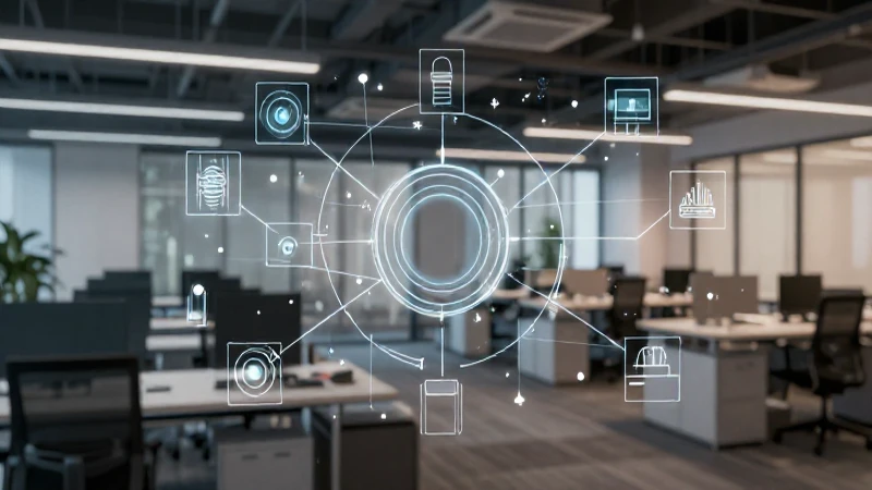 Oficina moderna con iluminación suave y esquemas interconectados