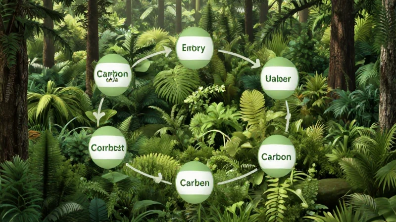 Ciclo del carbono ilustrado en bosque frondoso