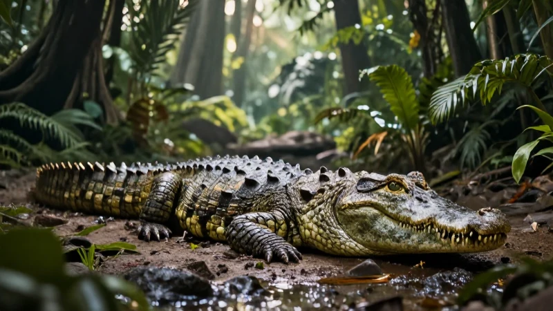 Cocodrilo antiguo en selva prehistórica dramática