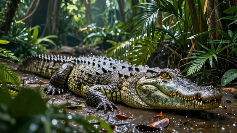 Cocodrilo antiguo en selva prehistórica vibrante