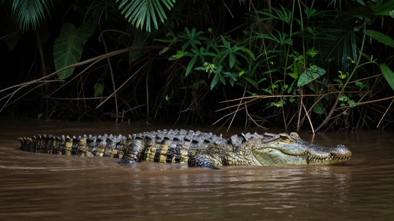 Caimán en río; selva densa, iluminación cinematográfica