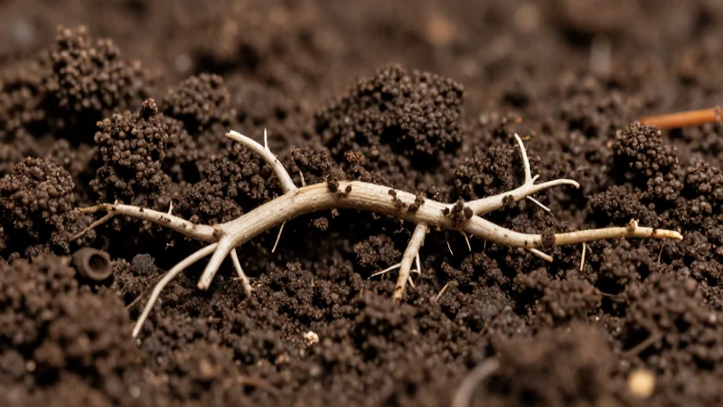 Tierra fértil, raíces y luz suave enfocadas