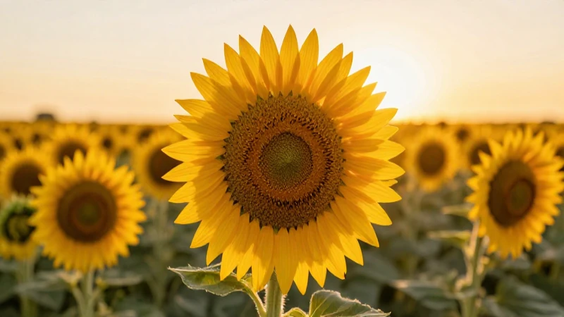 Girasoles dorados florecen al atardecer