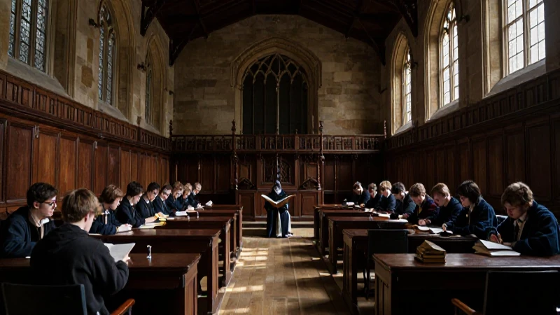 Estudiante lee en aula medieval iluminada dramáticamente