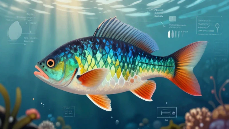 Peces coloridos ilustrados con diagrama anatómico